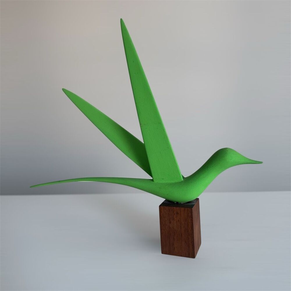 MCM Carved Green Bird Signed By Quebec Canadian Artist Maurice Cotnoir Rare - Picture 7 of 7